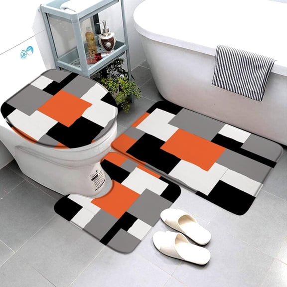 Orange Black Gray White Bath Mat 3 Piece Set Bathroom Rug Abstract Geometric Geometry Squares Modern Fashion Toilet Lid Cover Pedestal Rug U-Shaped Carpet