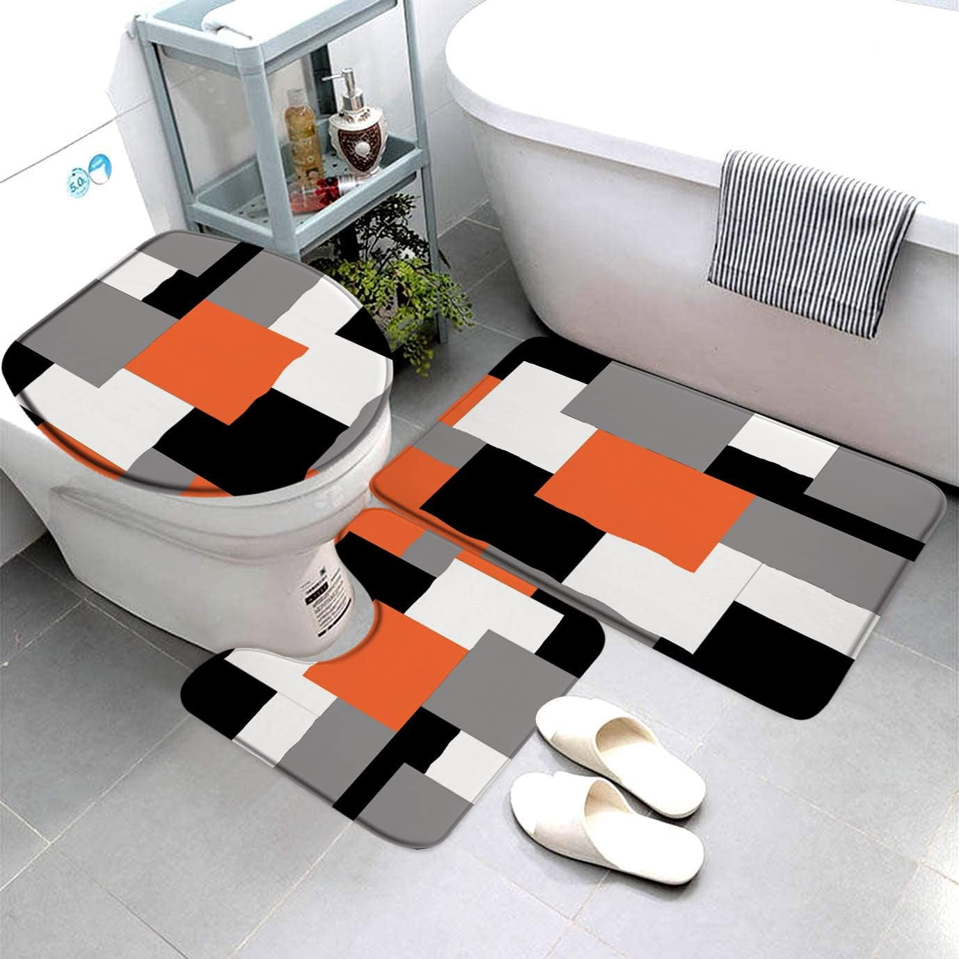 Orange Black Gray White Bath Mat 3 Piece Set Bathroom Rug Abstract Geometric Geometry Squares Modern Fashion Toilet U-Shaped Carpet