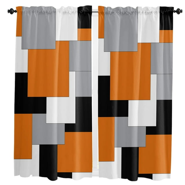 Orange Black Grey Abstract Small Curtain Rod Pocket Short Curtains Half ...