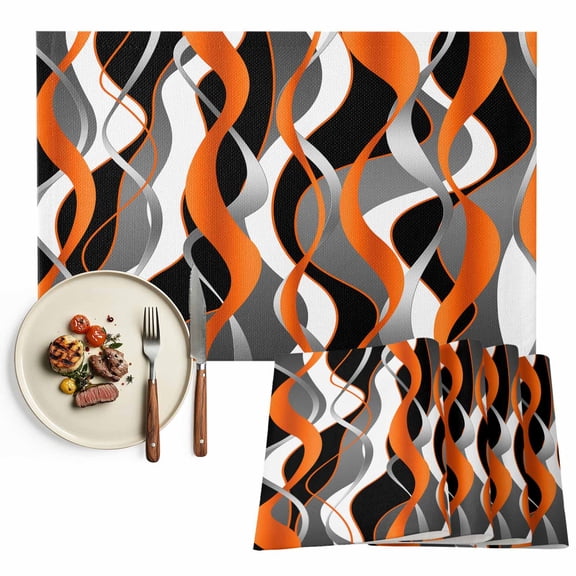 Orange Black Grey Abstract Stripe Placemats Set of 2, Modern Twisted Lines Table Mats Washable Heat-Insulation Non-Slip Place Mats for Kitchen Dinner Table Indoor Outdoor Decor,13x19 Inch