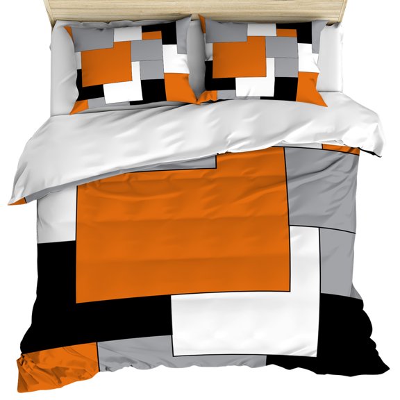 Orange Black Grey Bedding 3 Piece Duvet Cover Set California King, Middle Century Irregular Geo Abstract Art Soft Microfiber Comforter Cover with Zipper Closure & Pillowcases, Quilt Cover