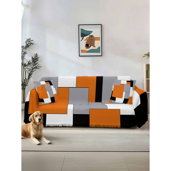 Orange Black Grey Couch Cover Sofa Covers 3 Cushion Sectional Couch, Middle Century Irregular Geo Abstract Art Washable Sofa Covers Slipcover Sectional Sofa Cover, Furniture Protector 71"x150"