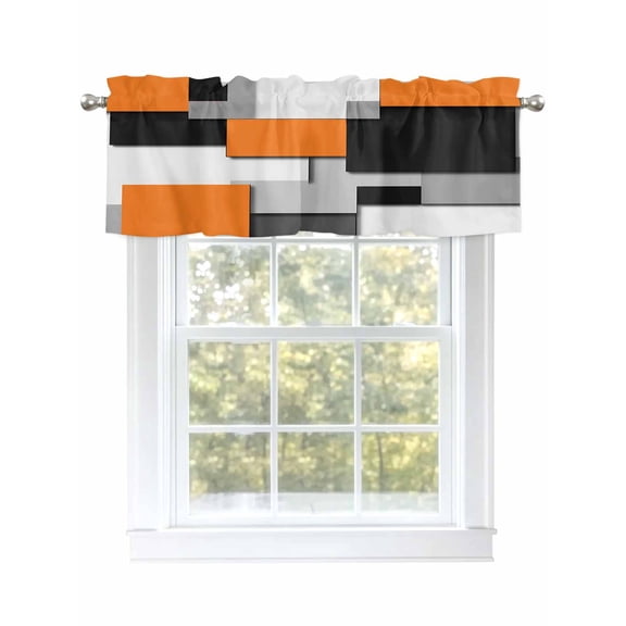 Orange Black Grey Patchwork Valances for Windows, Rod Pocket Kitchen Valance Curtains - Soft & Washable Small Window Treatment for Living Room,&nbsp;Bathroom, Retro Art, 54x18inch