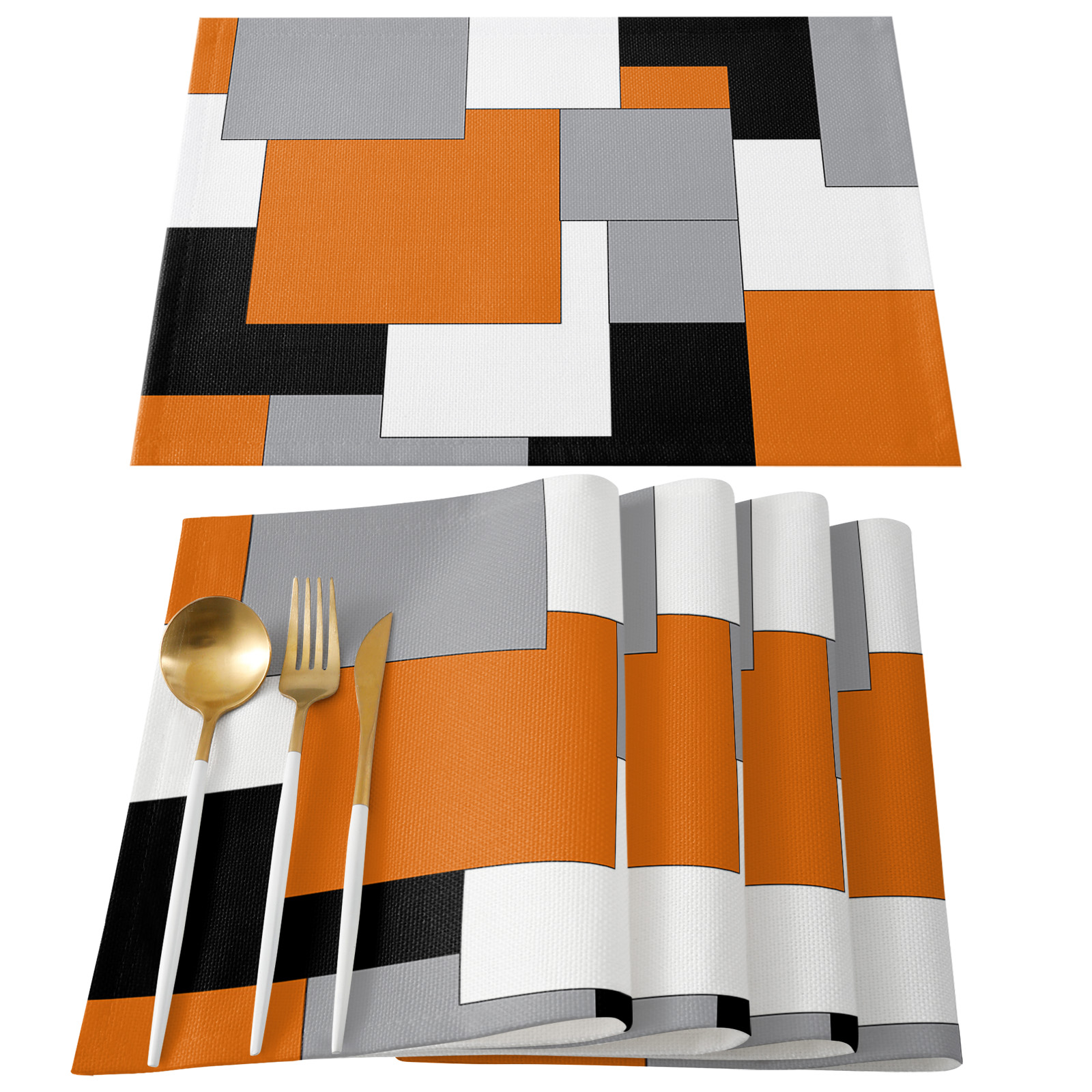 Orange Black Grey Placemats Set of 4, Middle Century Irregular Geo Abstract Art Placemats for Dining Table, Place Mats for Kitchen Tabletop, Waterproof Wipeable Dining Table Mats Set
