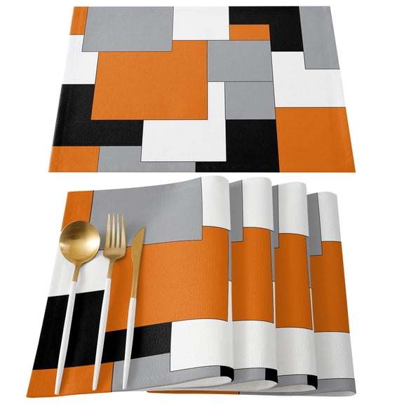 Orange Black Grey Placemats Set of 4, Middle Century Irregular Geo Abstract Art Placemats for Dining Table, Place Mats for Kitchen Tabletop, Waterproof Wipeable Dining Table Mats Set