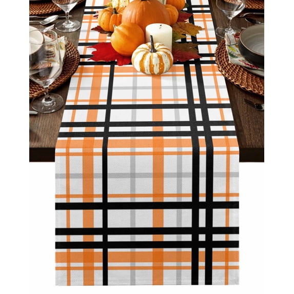 Orange Black Grey Plaid Table Runner-Cotton Linen- 108 Inch Holiday Dresser Scarves, Simple Check Stripes Lines Country Tablerunner for Kitchen Coffee/Dining Living Room Dinner Scarf Décor 13x108