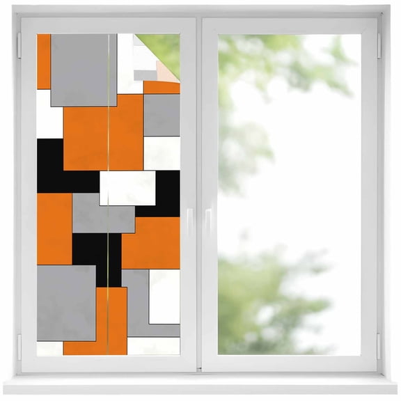 Orange Black Grey Privacy Window Film,Decorative Frosted Glass Window Film,Middle Century Irregular Geo Abstract Art Reusable Peel Stick Static Cling for Home Bathroom Office Glass Door 17.7"x39.3"