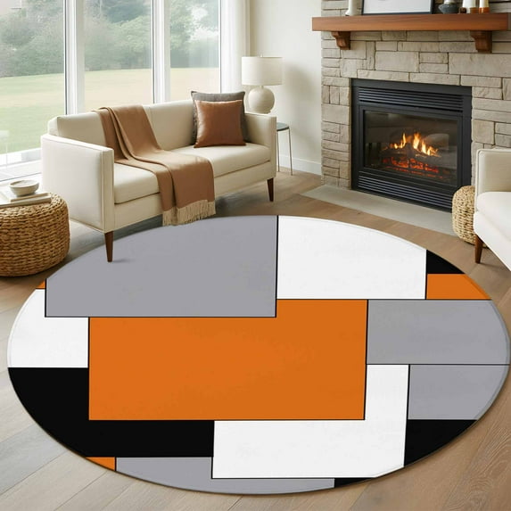 Orange Black Grey Round Area Rug 5 FT, Non Slip Bedroom Area Rug, Middle Century Irregular Geo Abstract Art Washable Soft Circular Carpet Floor Mat for Kitchen Dining Room Foyer Balcony Dorm