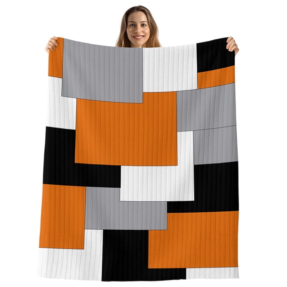 Orange Black Grey Throw Blanket,Flannel Fleece Blanket with Striped Design for Couch,Middle Century Irregular Geo Abstract Art Soft Breathable All Season Plush Blankets for Sofa Office Chair 30"x40"
