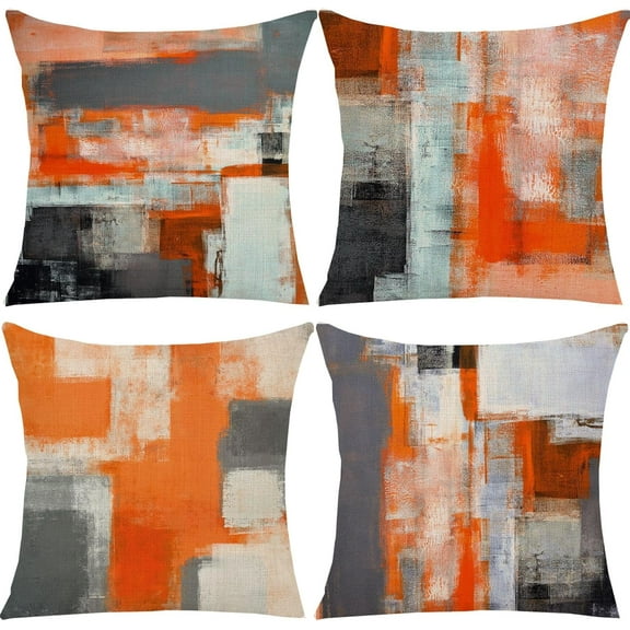 Orange Black Grey Throw Pillow Covers 18x18 Set of 4 Decorative Cushion Cover White Abstract Art Painting Pillowcase for Sofa Bedroom Living Room Decor