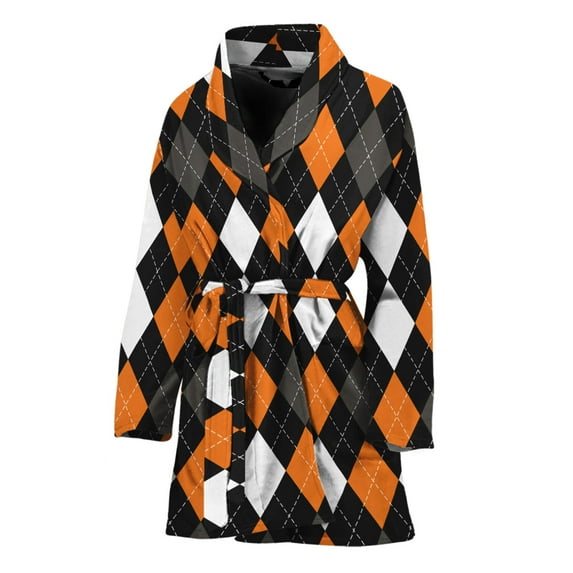 Orange Black Grey And White Argyle Women Bathrobe One Size Univeral Fits, Checkered Caro Plaid Tartan Fashion Lightweight Plush Fleece Long Robe For Women