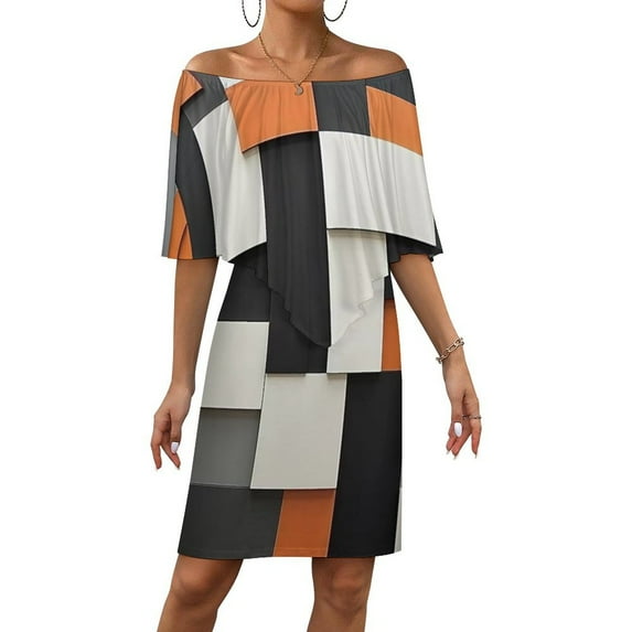 Orange Black Grey White Geometric Women's Off The Shoulder Ruffles Summer Wedding Guest Loose Casual Party Beach Dress