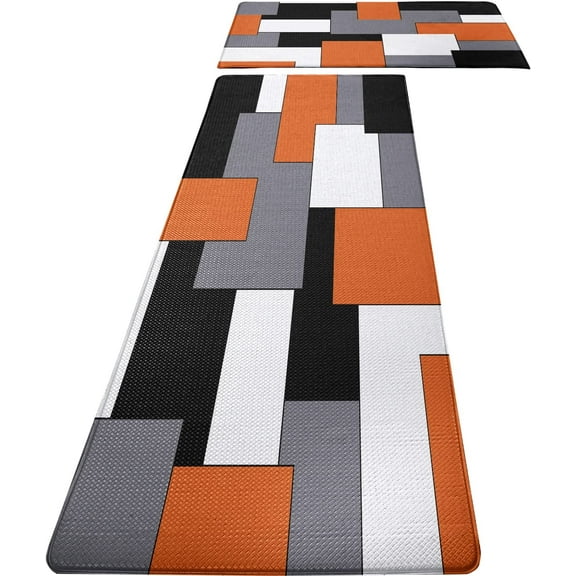 Orange Black Grey White Kitchen Rugs and Mats Set of 2 Cushioned Anti Fatigue Kitchen Rugs Set Geometric Non-Skid Washable Kitchen Mats for Kitchen Sink Laundry (Orange Grey, 17.5"x29.5"+17.5"x47")