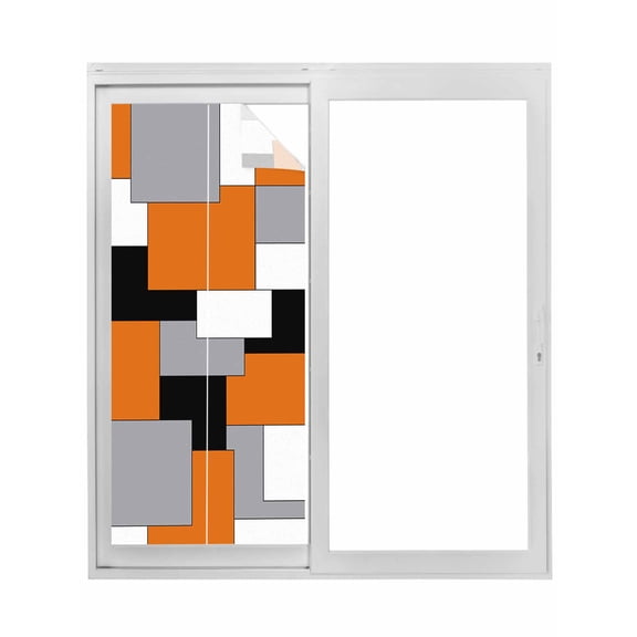 Orange Black Grey Window Privacy Film, Middle Century Irregular Geo Abstract Art Static Cling UV Sun Blocking Tint Film Heat Control Windows Films for Bedroom Bathroom, Window Stickers 17.7"x39.3"