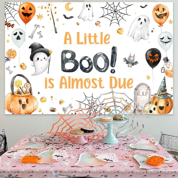 Orange Black Halloween Ghost Baby Shower Background Cloth for Party Decorations 1 x 5 ft Vinyl Backdrop with Grommets and 6m White Ribbon for Indoor Photo Wall Celebration Setup