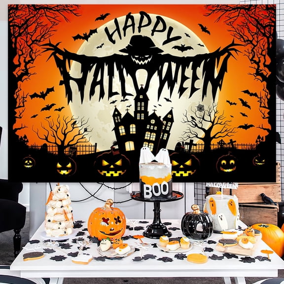 Orange Black Halloween Happy Halloween Theme Background Cloth 4.9 x 3.3 ft Halloween Party Backdrop Vinyl Photo Booth Banner Haunted House Moon Pumpkin Bat Decoration with Grommets and White Ribbon