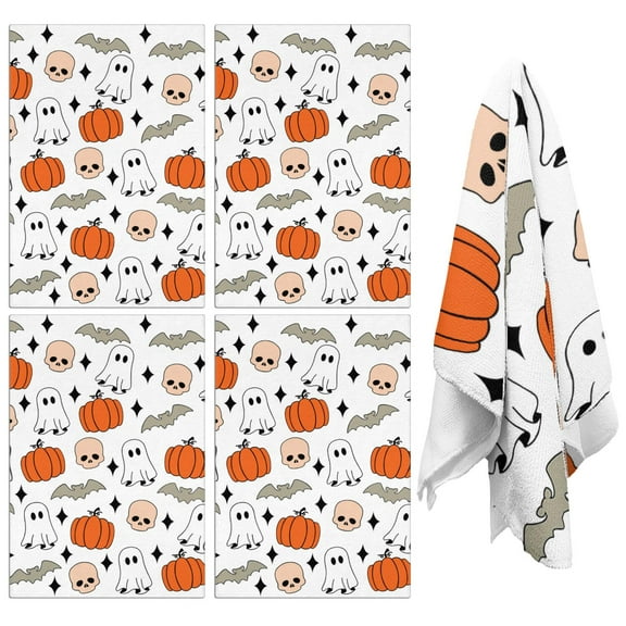 Orange & Black Halloween Kitchen Towels Set of 4, 18x26 Inch Hanging Hand Towels - Spider Web Witch Castle Design, Soft Absorbent Fast Dry Dish Towels for Holiday Decor