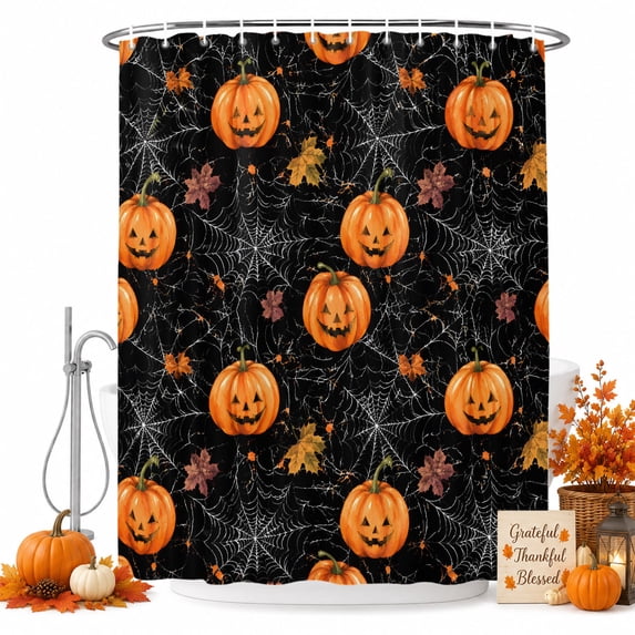 Orange Black Halloween Shower Curtain Set - 72" x 78" Washable Bathtub Curtain with 12 Hooks, Pumpkins Maple Leaves Waterproof Fabric Stall Shower Curtains for Bathroom/Bathtub Décor