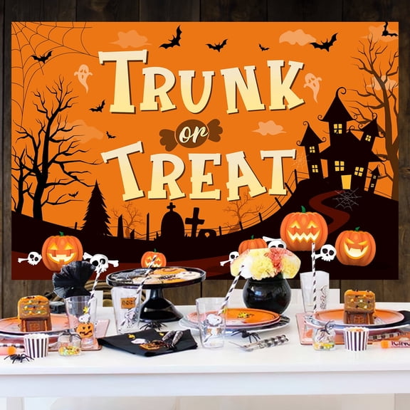 Orange Black Halloween Trunk Or Treat Backdrop 5 x 3ft Vinyl Party Background Banner with Grommets and White Ribbon Haunted House Pumpkin Graveyard Photo Booth Wall Decoration