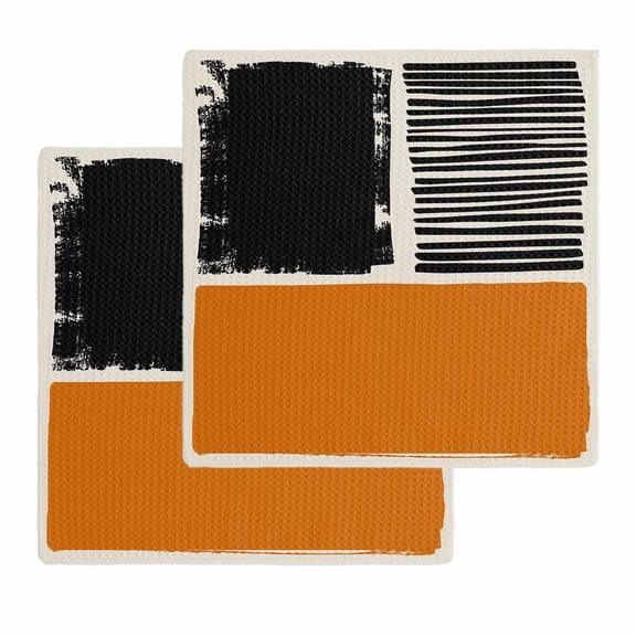 Orange Black Kitchen Dish Towels for Drying Dishes Set of 2, Farmhouse Striped Modern Abstract Art Waffle Weave Microfiber Hand Tea Bathroom Towels Quick Dry & Absorbent Towel 12x12