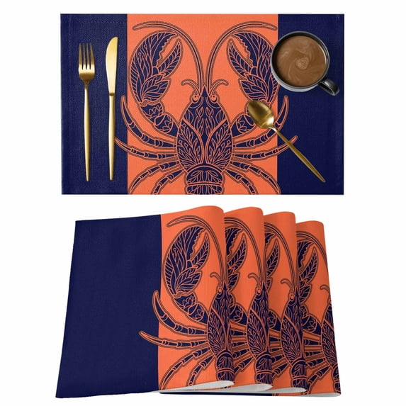 Orange and Black Lobster Placemats Set of 6,Wipeable Washable Table Mats for Dining Tables, Summer Seaside Beach Place Mats for Kitchen Event Party Tabletop Decor