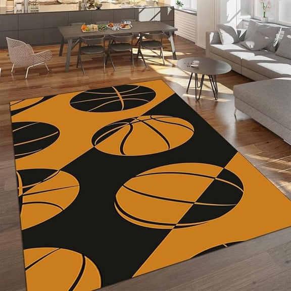 Orange Black Minimalist Basketball Area Rugs, Basketball Design Easy Clean Rug, Soft Non-Skid Carpet Throw Rug For Bedroom Living Room Bathroom Classroom 5x7ft
