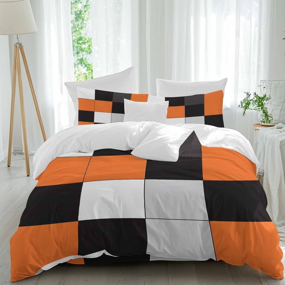 Orange Black Patchwork 4 Piece Duvet Cover Set Queen Size Abstract Geometric Art Soft Bedding Set Comforter Cover, 1 Duvet Cover 1 Flat Sheets and 2 Pillowcases