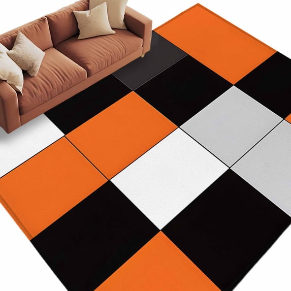 Orange Black Patchwork Area Rug 6x9ft Abstract Geometric Art Non-Slip Washable Square Rugs Soft Felt Indoor Floor Mat for Bedroom Kitchen Living Room Bathroom