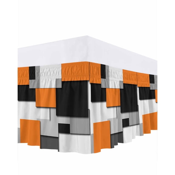 Orange Black Patchwork Bed Skirt King Size 16" Drop Abstract Retro Art Ruffled Wrap Around Bed Skirts Adjustable Elastic Bedskirt Dust Ruffle for King Size Bed