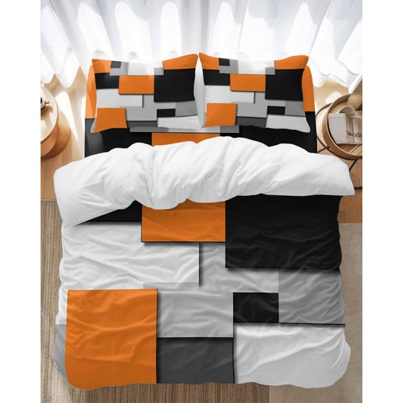 Orange Black Patchwork Bedding Duvet Cover Set Queen Size 4 Pieces Abstract Retro Art Bedding Set with Zipper Closure, 1 Comforter Cover 90x90 Inches 1 Flat Sheet & 2 Pillow Cases
