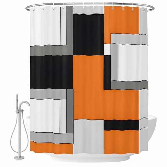 Orange Black Patchwork Fabric Shower Curtain Abstract Art Washable Shower Curtains for Bathroom, Waterproof Bath Curtain with Hooks Home Decor 72x72in