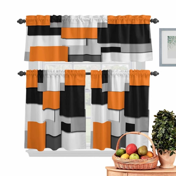Orange Black Patchwork Kitchen Curtains Valances 3 Piece Set, Abstract Retro Art Rod Pocket Tier Curtain and Valance Drapes for Small Window 36 Inch Length for Bedroom Cafe