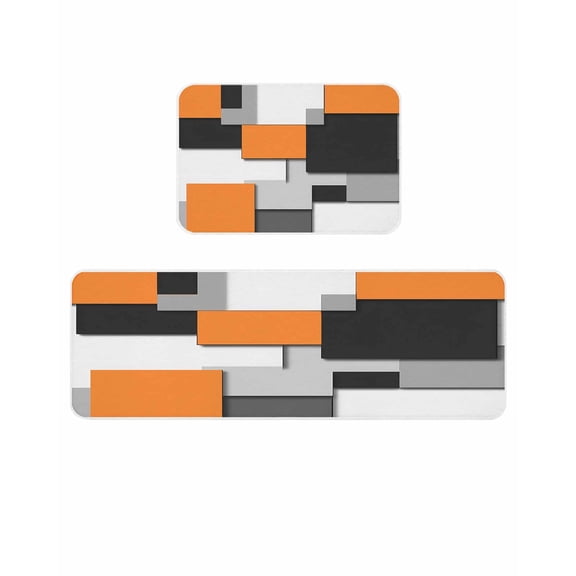 Orange Black Patchwork Kitchen Mats for Floor 2 Piece, Abstract Retro Art Absorbent Non-Slip Kitchen Rugs Comfort Standing Mat for Laundry, Hallways 23.6"x35.4"+23.6"x70.9"
