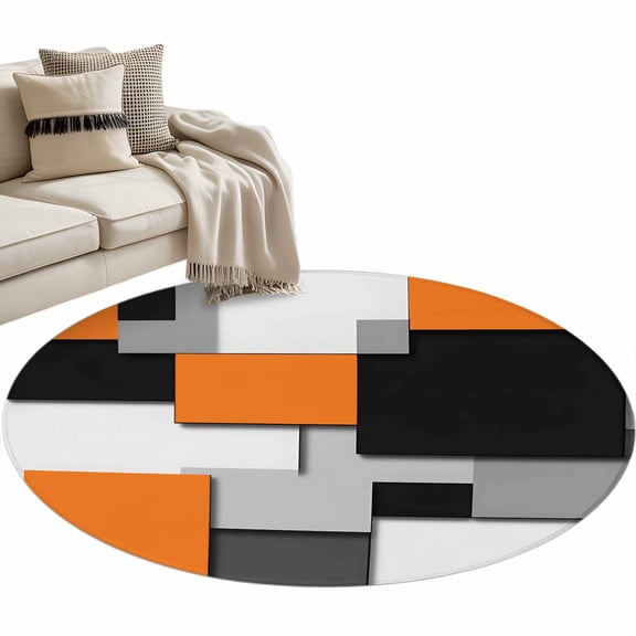 Orange Black Patchwork Round Area&nbsp;Rug 4ft Abstract Retro Art Non-Slip&nbsp;Washable Circle Rugs Soft Felt Indoor Floor Mat for Bedroom Kitchen Living Room Bathroom