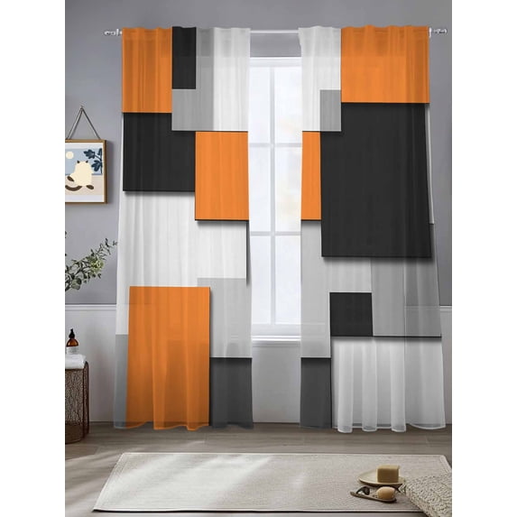 Orange Black Patchwork Sheer Curtains 108 Inches Long 2 Panels Abstract Retro Art Light Filtering Semi Sheer Window Curtains Drapes for Bedroom Living Room 52"x108"