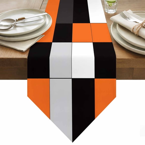 Orange Black Patchwork Table Runner 36 Inches Long Abstract Geometric Art Table Runners for Dining Room Tabletop Dresser Scarf Home Party Banquet Wedding Holiday Decoration