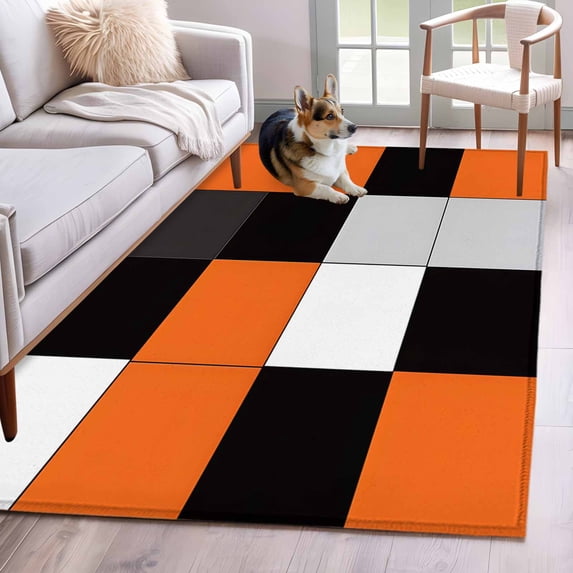 Orange Black Patchwork Washable Area Rugs 3'x5', Abstract Geometric Art Low Pile Throw Living Room Rug Non-Slip Sturdy Edge Binding Carpet for Indoor Entryway Bedside Kitchen