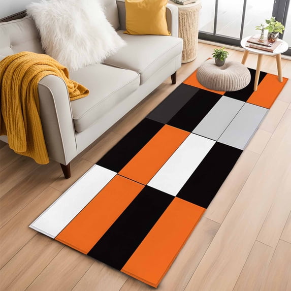 Orange Black Patchwork Washable Runner Rugs 2'x6', Abstract Geometric Art Low Pile Throw Entryway Rug Non-Slip Sturdy Edge Binding Carpet for Indoor Bedside Entrance Bedside