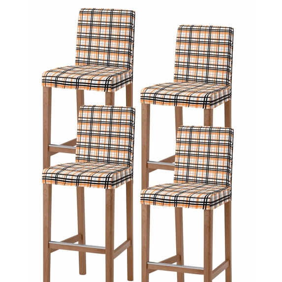 Orange Black Plaid Bar Stool Covers Set of 4, Farmhouse Orange Black Checkered Stretch Washable Bar Chair Covers with Backs, Removable Pub Counter Height Chair Cover for Kitchen Dining Room Cafe