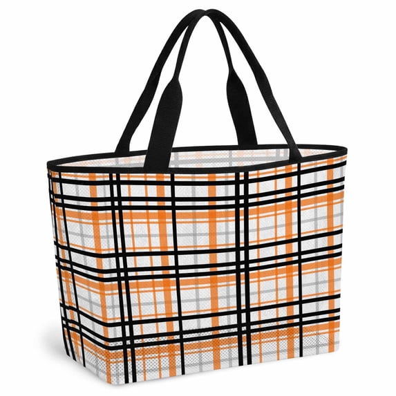 Orange Black Plaid Beach Bag for Women, Large Breathable Mesh Beach Tote Bag, Farmhouse Orange Black Checkered Sandproof Lightweight Travel Bags for Vacation Picnic Swimming Pool 15.7"x15.7"x9.1"