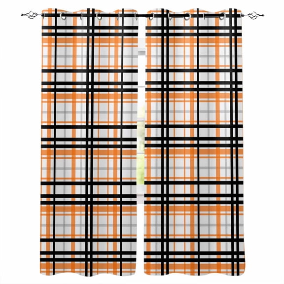 Orange Black Plaid Blackout Curtains 45 Inches Long for Bedroom, Farmhouse Orange Black Checkered Thermal Insulated Room Darkening Black Out Window Curtain Panels Grommet Drapes for Living Room
