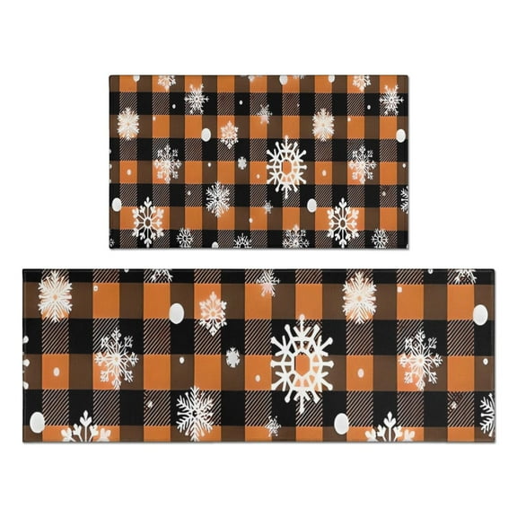 Orange and Black Plaid Christmas Snowflake Pattern Kitchen Rugs Sets Of 2,Anti Fatigue Kitchen Mat Rugs Non Slip Washable,Decorative Kitchen Floor Mats for Kitchen,Sink,Laundry,17"x30"+17"x47"