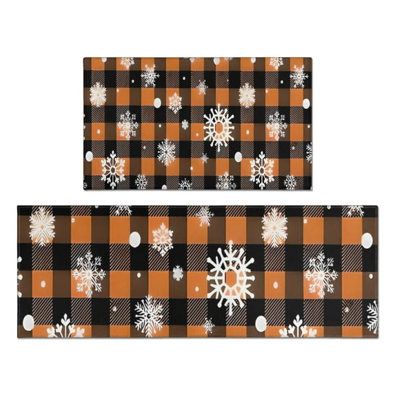 Orange and Black Plaid Christmas Snowflake Pattern Kitchen Rugs Sets Of 2,Anti Fatigue Kitchen Mat Rugs Non Slip Washable,Decorative Kitchen Floor Mats for Kitchen,Sink,Laundry,17"x30"+17"x47"