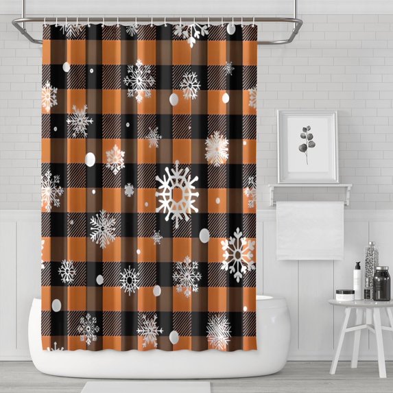 Orange and Black Plaid Christmas Snowflake Pattern Shower Curtain 72"x72" ,Bathroom Decorative Shower Curtains Set with 12 Hooks,Modern Waterproof Washable Shower Curtain