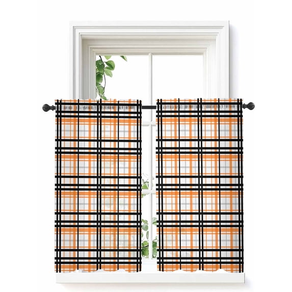 Orange Black Plaid Curtains 54 Inch Length, Sheer Curtains for Bedroom Living Room Window Farmhouse Orange Black Checkered Rod Pocket Voile Drapes Kitchen Curtains Small Half Window 52"x54" 2 Panels