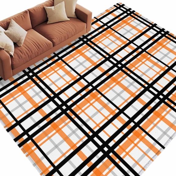 Orange Black Plaid Large Area Rugs for Bedroom Living Room, Soft Non Slip Carpet Bedside Rug, Farmhouse Orange Black Checkered Rectangular Floor Cover Kitchen Accent Rug 5'x7' for Dining Room/Office