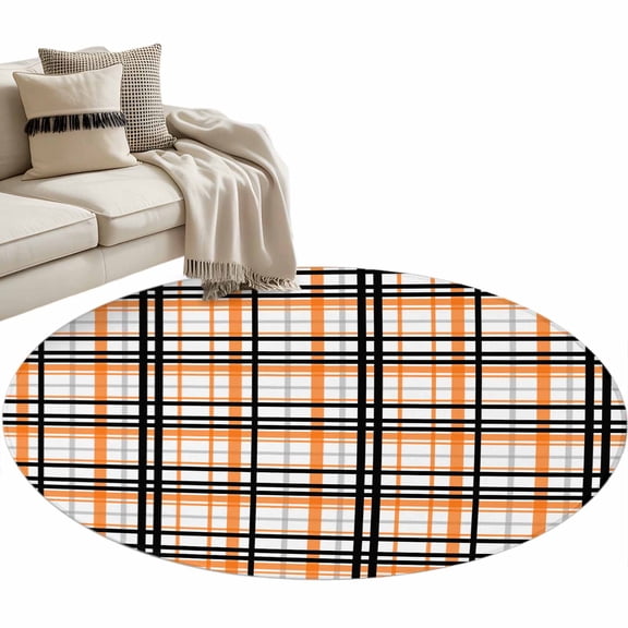 Orange Black Plaid Large Area Rugs for Bedroom Living Room, Soft Non Slip Carpet Bedside Rug, Farmhouse Orange Black Checkered Round Floor Cover Kitchen Accent Rug 3' for Dining Room/Office