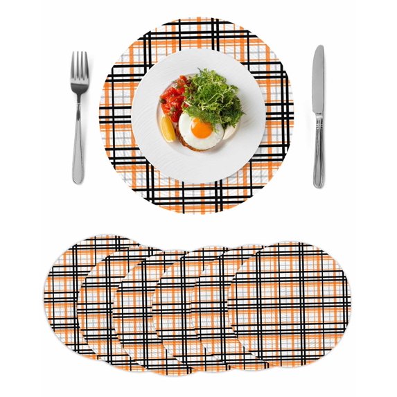 Orange Black Plaid Round 15 Inch Placemats Set of 6, Farmhouse Orange Black Checkered HeatResistant Non Slip Place Mats for Dining Table, Wipeable Braided Kitchen Table Mats for Housewarming