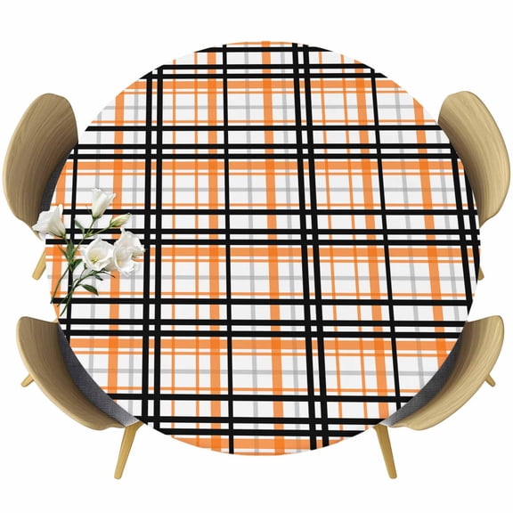 Orange Black Plaid Round Tablecloth 36-44 Inch Round Fitted Table Cloth with Elastic Edge, Farmhouse Orange Black Checkered Waterproof Table Cover Protector for Outdoor Picnic Party Dining