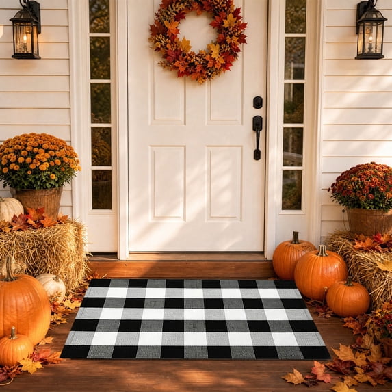 Orange and Black Plaid Rug, 32'' x 20'' Fall Outdoor Front Door Decor Mat, Cotton Washable Hand-Woven Rug for Layered Doormat, Autumn Halloween Thanksgiving Carpet for Porch, Entryway